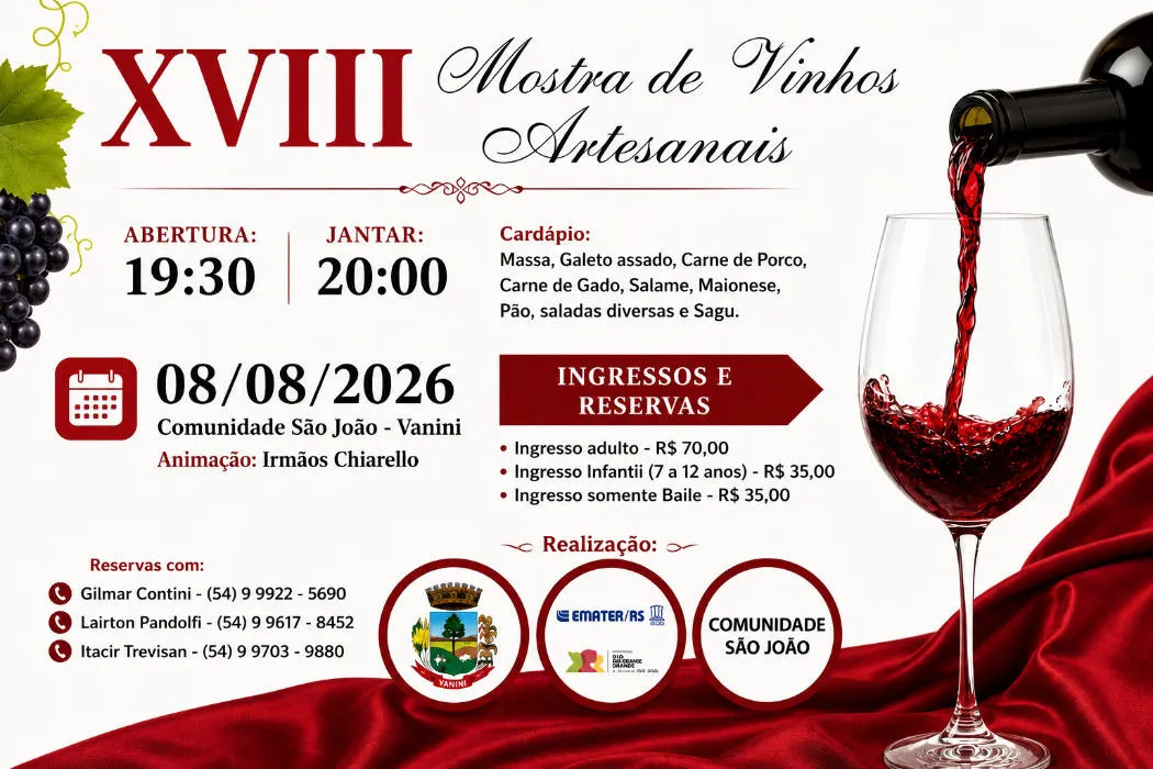 Adquira já o seu ingresso para a XVIII Mostra Municipal de Vinhos Artesanais