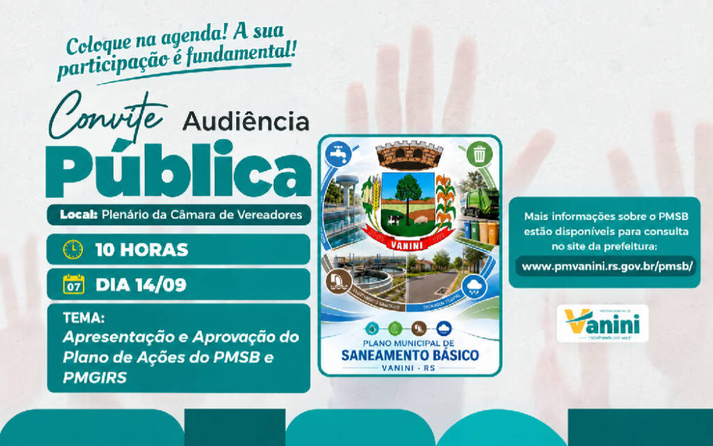 Audiência pública sobre Plano Municipal de Saneamento Básico acontecerá no dia 14