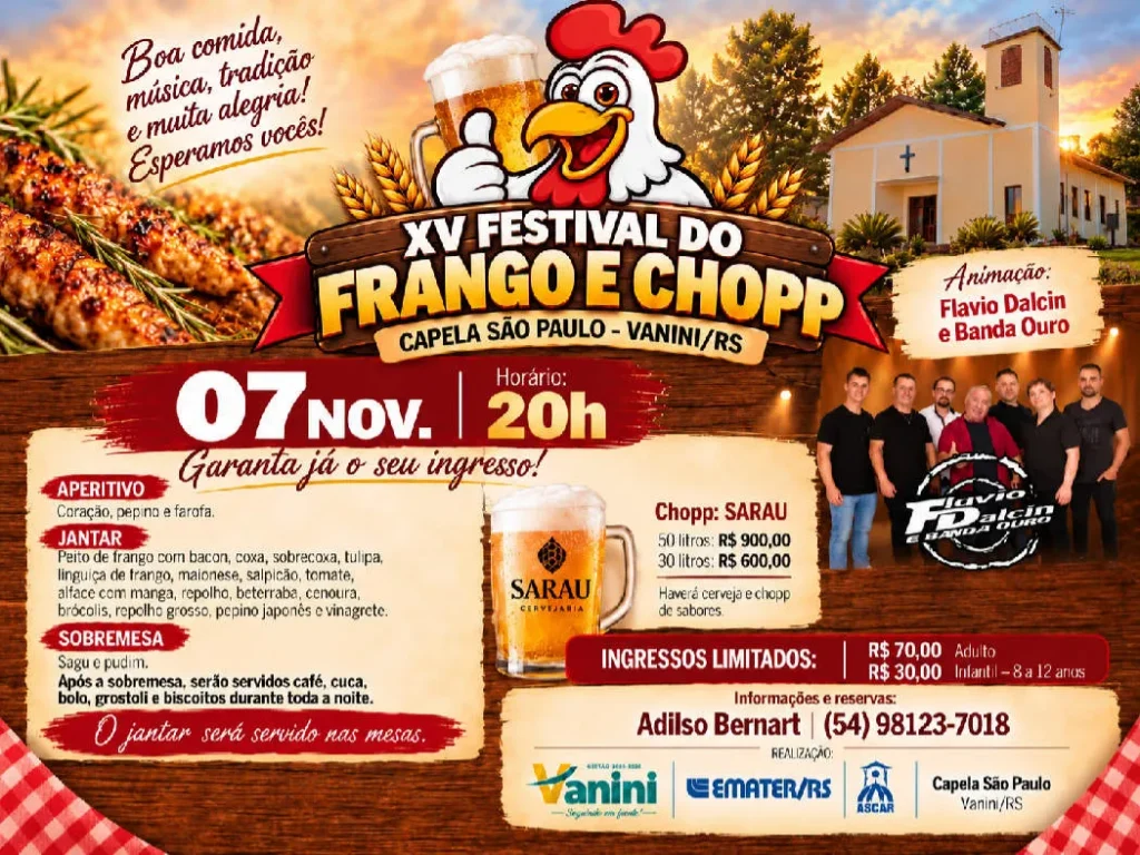 Adquira já o seu ingresso para o XV Festival do Frango e Chopp